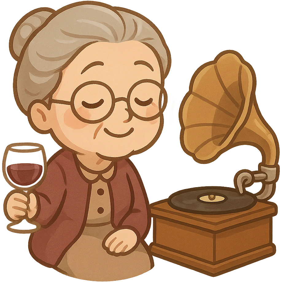 old lady with wineglass listening to gramophone emoji