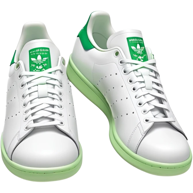 Two Adidas Stan Smith shoes arranged as a pair with one slightly behind the other, white with green heel details, clean classic design emoji