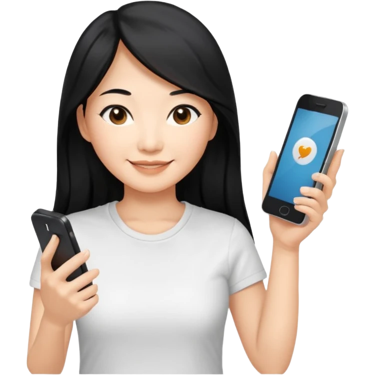 페르소나 요약 : 휴대폰을 보고 즐거워하는 여자, 40대의 편안한 차림(티셔츠)을 입은 장발의 아시아 여성이 한손으로만 휴대폰을 쥐고, 화면을 보면서 미소를 짓고 있어요. 시선은 휴대폰 화면으로 향하고 있어요. emoji