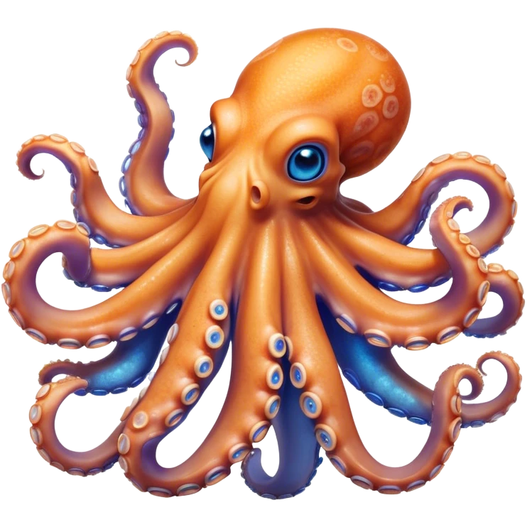 Cinematic Noble smiling Octopus Portrait Emoji, Poised and enchanting, with a light orange body adorned with vibrant blue rings and eight delightfully curling arms with gentle suckers, large sparkling eyes exuding warmth and playfulness, Simplified yet charmingly expressive features, highly detailed, glowing with a soft, magical underwater radiance, high shine, intelligent and irresistibly cute, stylized with an air of whimsical marine enchantment, focused and fluid, soft glowing outline, capturing the essence of a watchful and endearing octopus that appears ready to float out of the screen with delightful charm! emoji