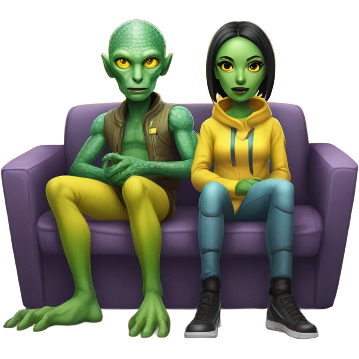 alien reptilian woman and humman man, sitting on a couch  emoji