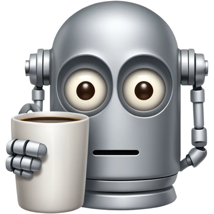 A sleepy robot with droopy eyes holding a coffee mug, looking exhausted emoji