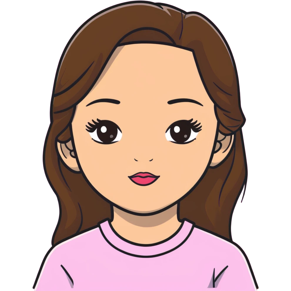 niña de 12 años con pelo largo castaño, ojos marrones claros, cejas marrones, pestañas negras, nariz mediana y labios medianos rosas emoji