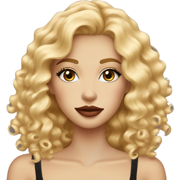 Curly blonde hair, very long lashes and big lips with lipgloss  emoji