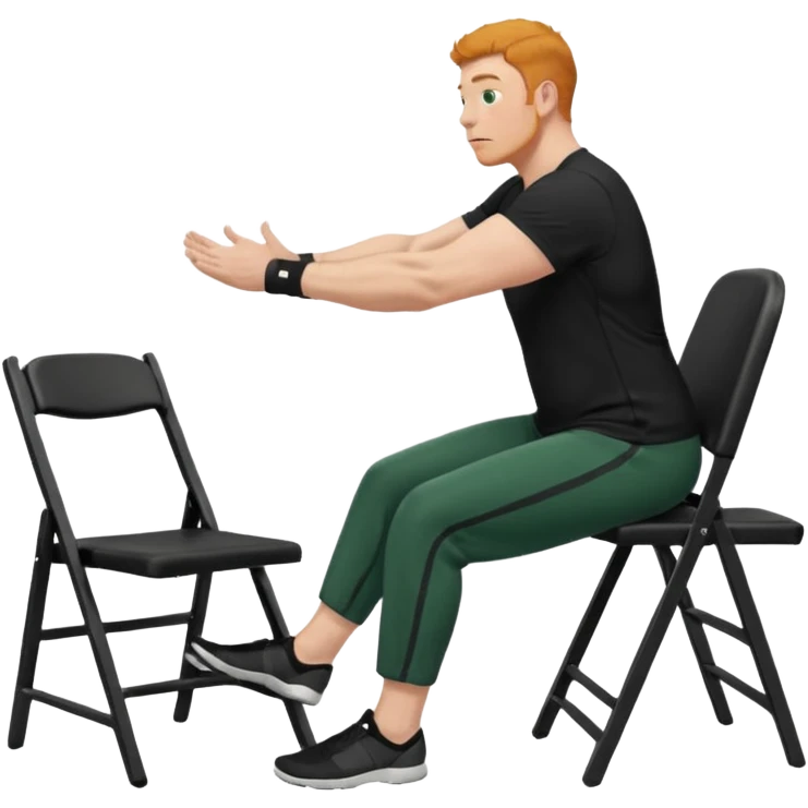 גבר זקן ג'ינג'י מלא כוסע שחור הפוך חולמה שחורה ומכנסיים ירוקות ארוכות מבצע תרגיל לאנג' בתמיכת כיסא מהצד שתי רגליים על הרצפה מח^זיק כיסא בידו emoji