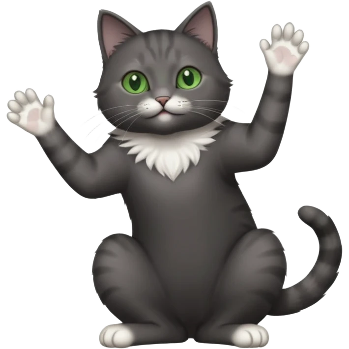full body gorgeous solid dark grey cat with green eyes, white paws and white whiskers reaching for something emoji