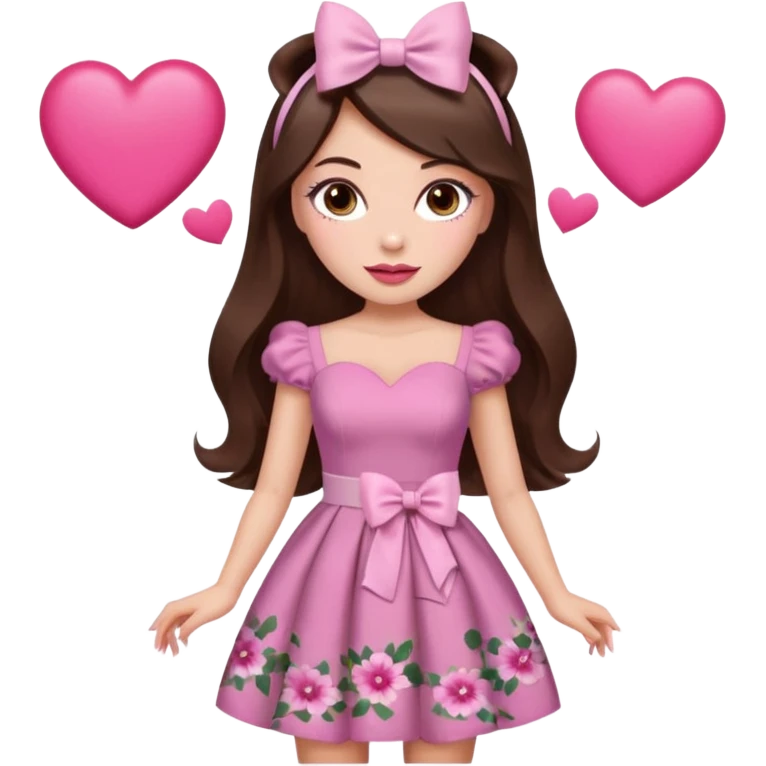 Chocolate brown clothes emoji, inspired with brunette hair, brown eyes, long hair, heart shape lips and pink make up  and pink nails, mauve pink blush and floral pink dress, half up hair with white bow peaking on the sides, white heels  emoji