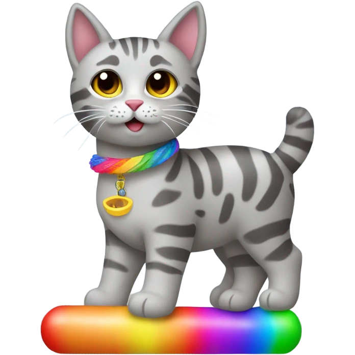 Grey tabby cat with rainbow lama toy emoji