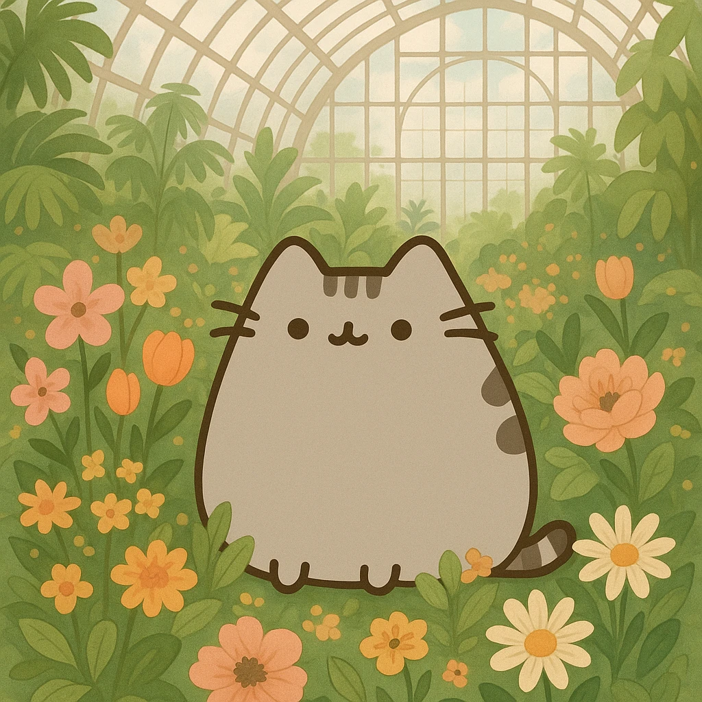 pusheen cat surrounded by flowers in a botanical garden greenhouse emoji