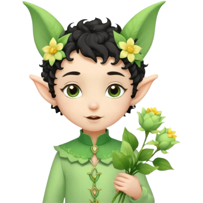 Tiny elf baby black curly hair with pointy ears and hat, pastel green outfit, hold flowers emoji
