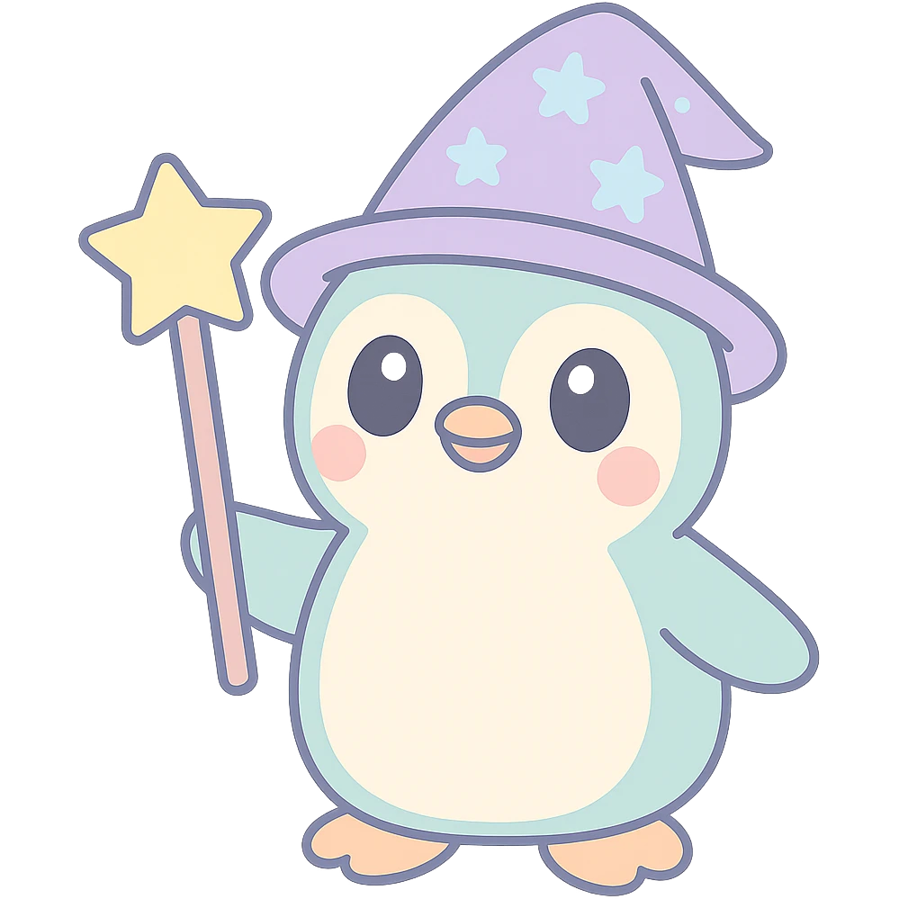 cute cartoon style penguin wizard with a starry hat and magic staff emoji