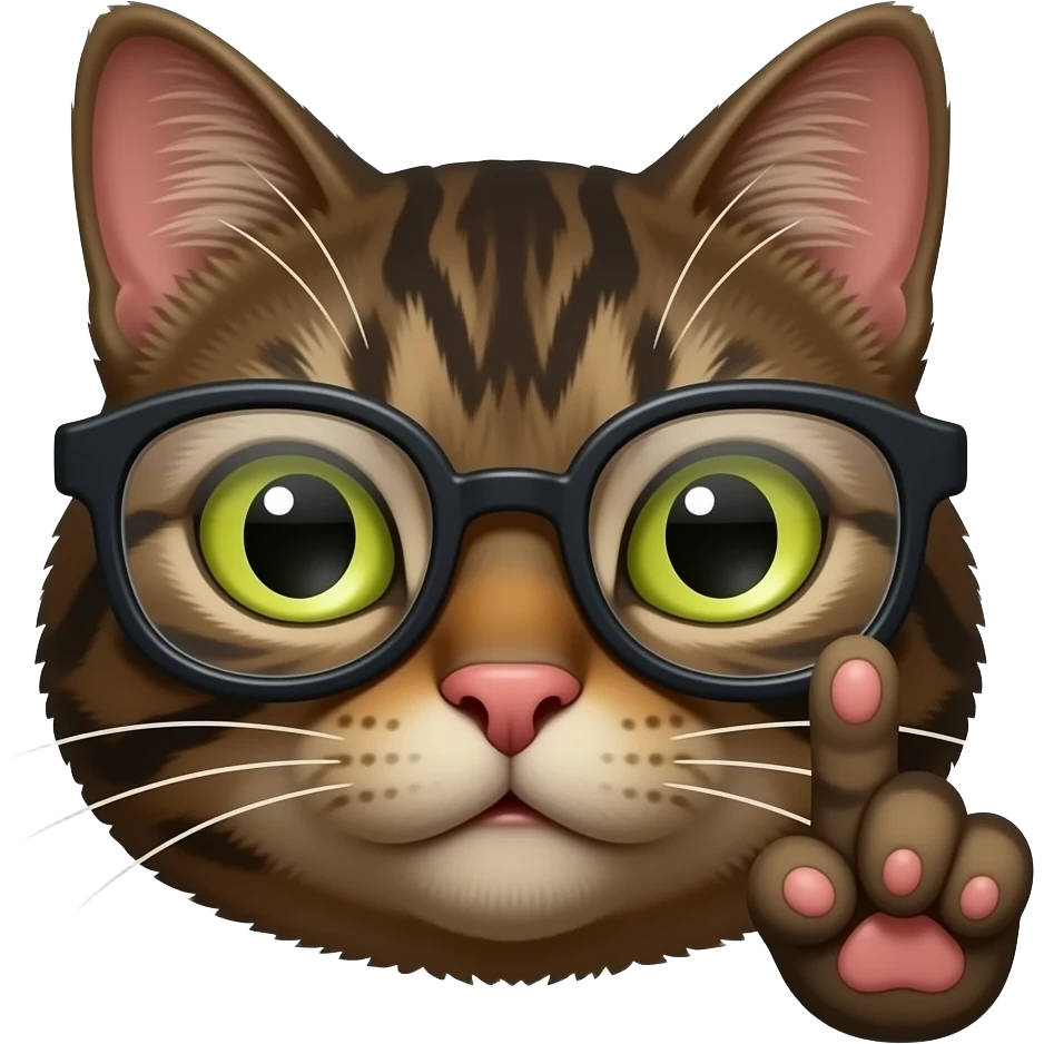 A black Tortoiseshell cat face emoji looking like a eager professor with gassed and paw up with one finger up. Only face and cat paw. emoji