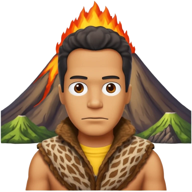 a simpson guy wearing ancient animal skin cloth with volcano behind, half body, icon emoji