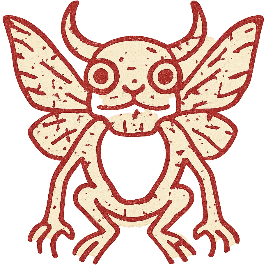 a horrifying minimalist red line art icon of a single fused creature with minotaur skull base, stoat features, frog eyes/mouth, and moth wings growing from back of skull, transparent hollow middle, with deliberately smudged, worn, torn appearance and missing pieces, only thin red lines, weathered like ancient damaged artwork emoji