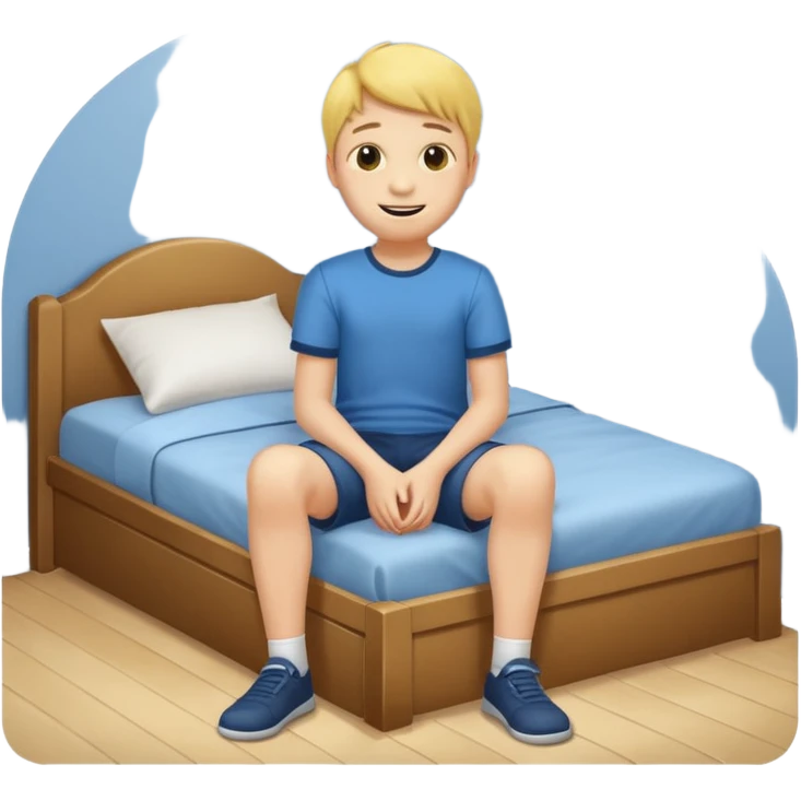 emoji- of a smiley boy sitting at the edge of the bed with legs on the floor emoji