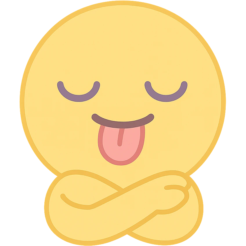 yellow emoji with arms crossed, holding neck, closed eyes, tongue out emoji