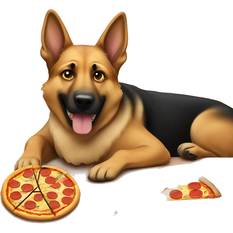 german sheperd eating pizza on a table  emoji