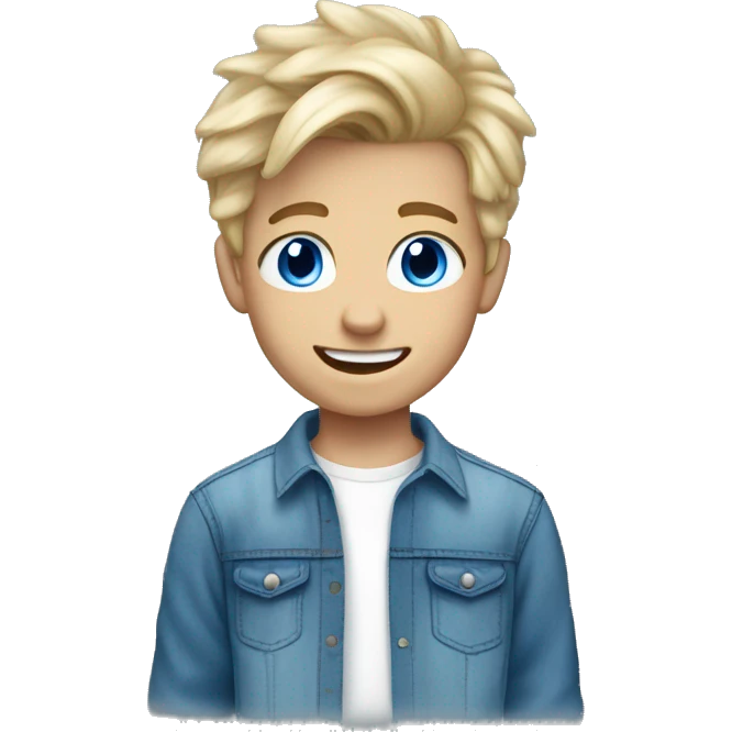 A white blonde 15 year old boy with white teeth blue eyes dressed in a jeans shirt and blue joggers emoji