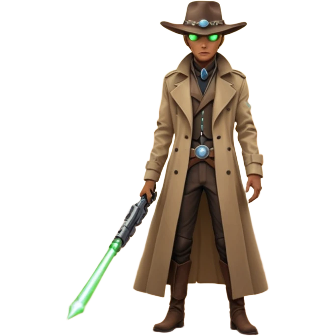 A tall alien cowboy standing in a dusty desert on an alien planet, wearing a futuristic cowboy hat and long trench coat, glowing eyes, twin plasma revolvers on his belt, dramatic sunset, cinematic lighting, ultra realistic, high detail, epic sci-fi western atmosphere

 emoji
