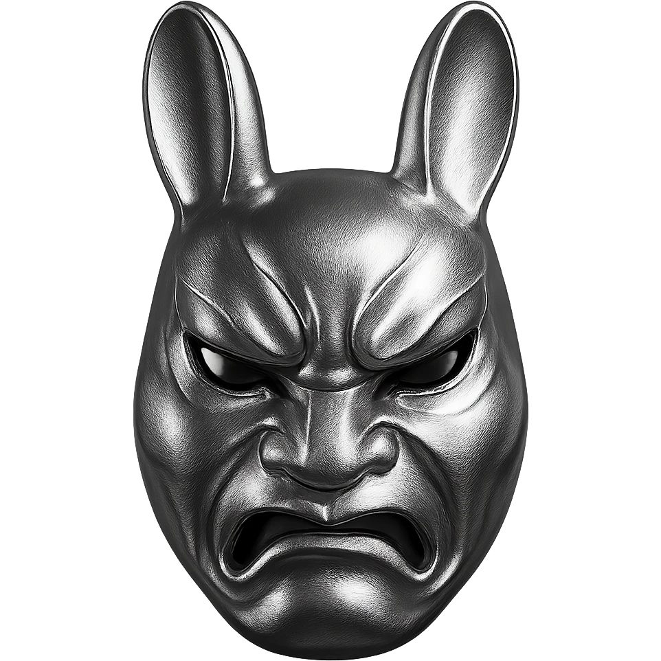 stylized usagi rabbit kabuki mask, red and white, angry expression, shiny chrome look emoji