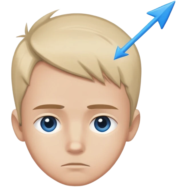 solitary boy portrait with blue arrow facing down on head and forehead emoji
