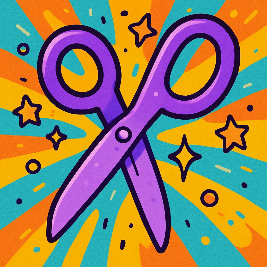 purple scissors with sparkles, cartoon style emoji