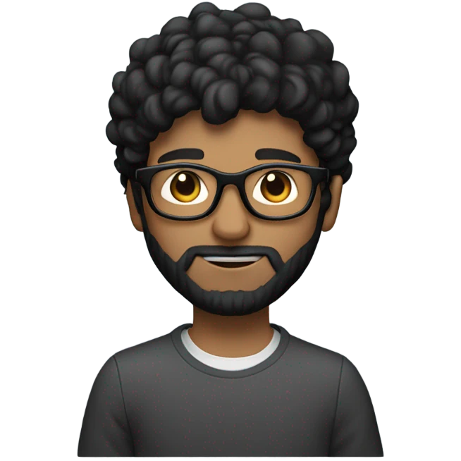 Designer with black hair, small beard hairs and glasses working with MacBook a 20 year boy emoji