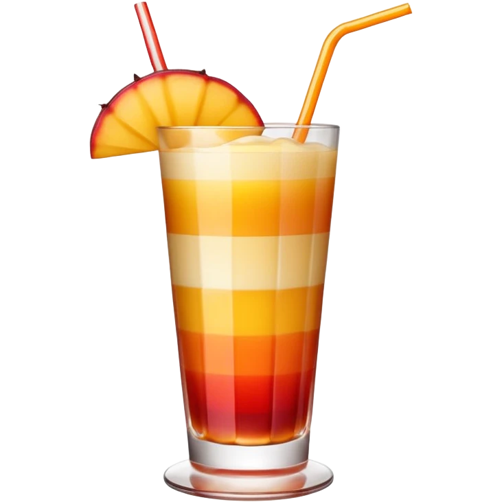 A beautiful cocktail with a gradient from red to orange, topped with mango pudding and lined with a striped straw. emoji