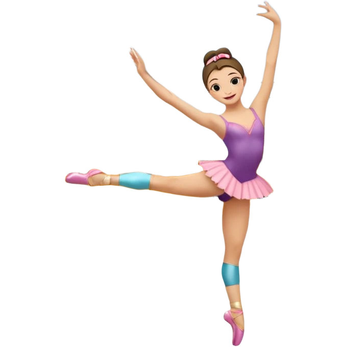 Una chica con vestuario de bailarina con las piernas flexionadas, el dedo índice en la boca, el tren superior inclinado hacia la izquierda y con la cadera proyectada hacia la izquierda emoji