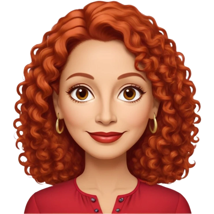 Puerto Rican actress in her 50s with elongated face, soft features, highlighted cheekbones, friendly warm smile, medium almond-shaped brown eyes, defined medium eyebrows, straight fine nose, medium lips with accessible smile, vibrant red curly hair with artistic styling, wearing a solid red blouse emoji