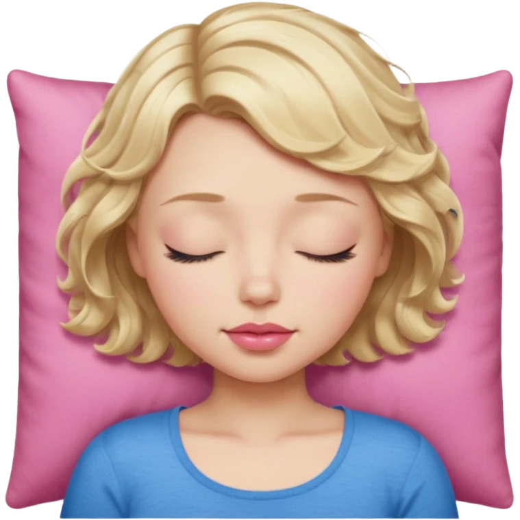 Girl Blonde short wavy hair,  blue eyes, cute blue top, long lashes, pink lips, sleeping eyes closed emoji