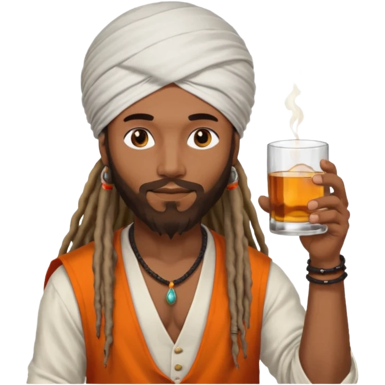 Brownskin man with long dreadlocks add a white turban on his head orange shirt drinking alcohol emoji