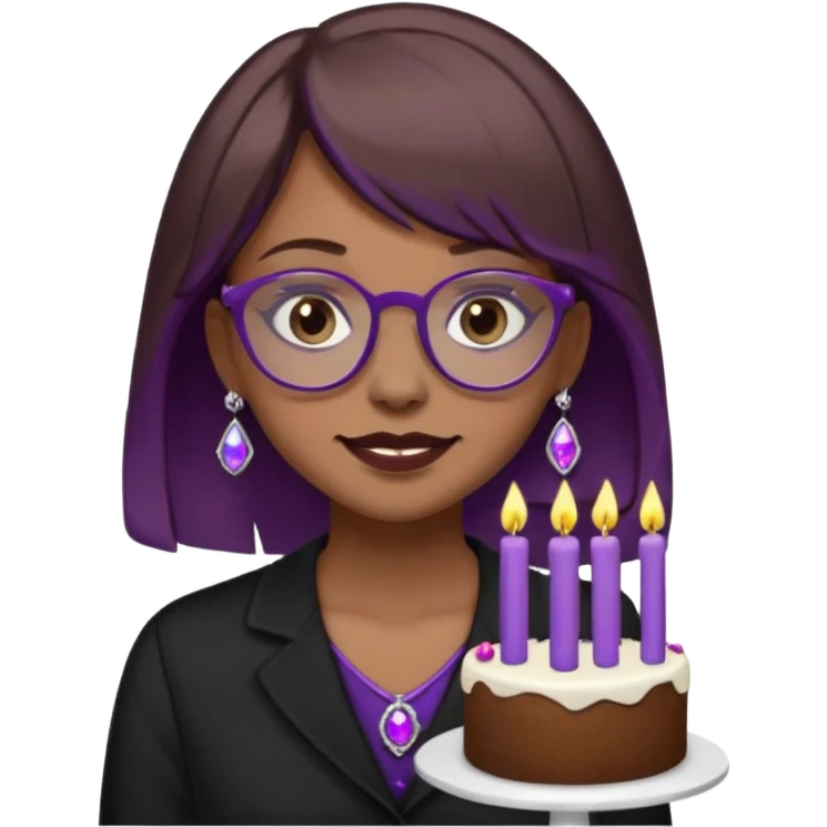 Cute ironic emoji woman, RIP 20’s theme.
Brown medium hair, grey eyes, purple glasses, nose piercing, tooth gem.
Black mourning outfit, cake with 29 candles.
Dark-cute minimal style, flat emoji design, clean lines.
Transparent background. emoji