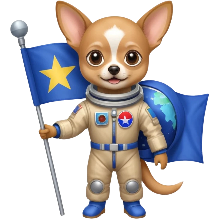 a chihuahua in space suit, holding blue rectangle flag, full body, front view emoji