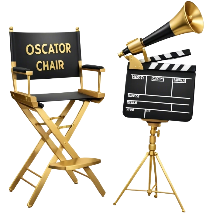 Icon for Directing: professional collage with director's chair, a film slate, a megaphone and an Oscar statuette. The icon should represent the creative and leadership aspects of directing, with focus on film and theater production. Transparent background. emoji