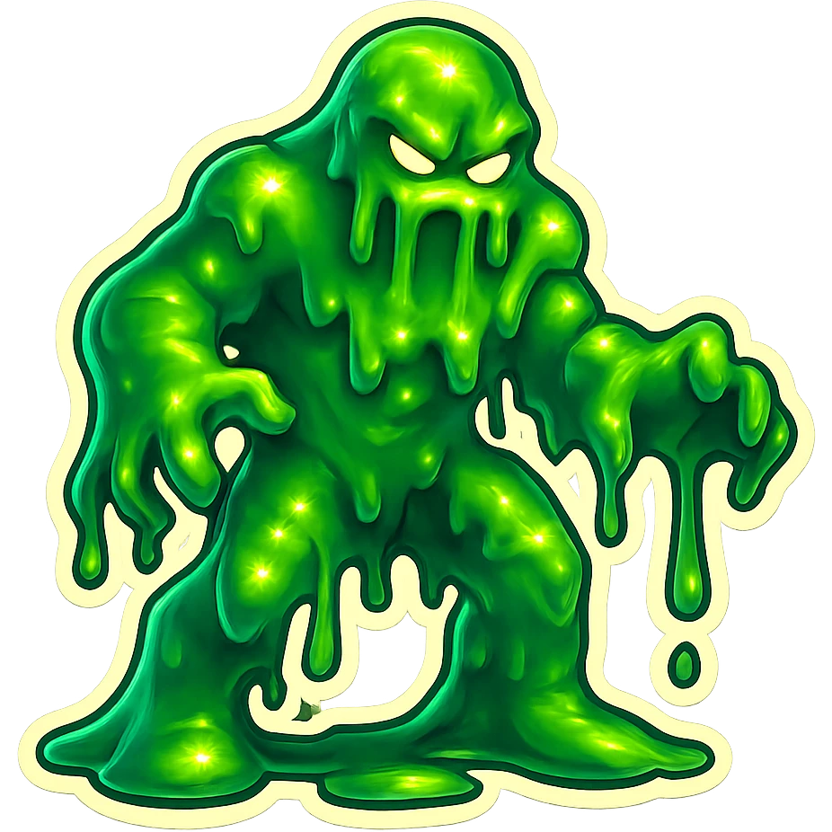 Slime monster. green slime. scary sinister. slime attacks. show full body. more dripping slime. talk humanoid slime creature. sinsiter and scary...green slime emoji