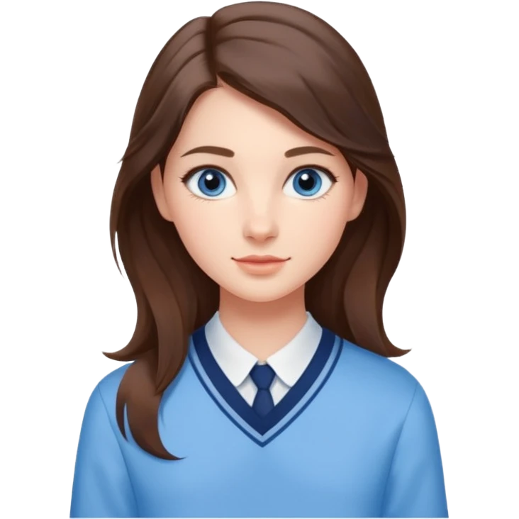 Realistic Student Portrait, with porcelain-like skin featuring a natural rosy flush, iHer Brunette Half-Up Style for Straight  hair flows in soft, Her deep blue eyes radiate warmth and innocence,  wear light blue preppy style. emoji