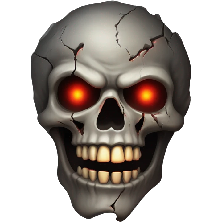 A weathered skull with hollow, glowing red eyes, cracks running along its surface. The jaw is slightly unhinged, as if about to let out a silent scream. Dark smoke or shadowy wisps drift from its eye sockets, adding an eerie glow around it. emoji