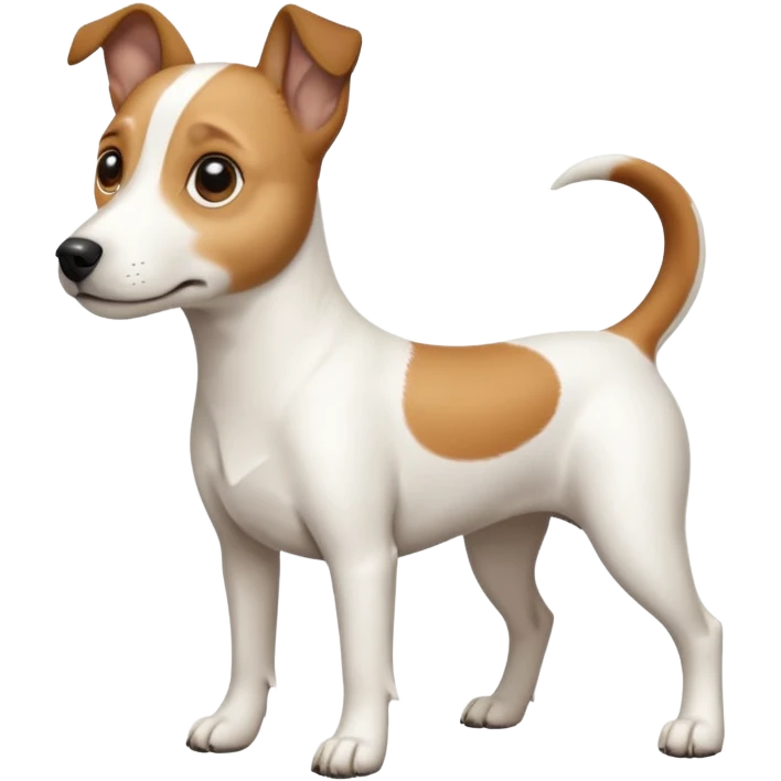 a full body white jack russel looking dog the size of a kelpie with light brown ears and a light brown patch on one eye, flopped down ears and a large snout emoji