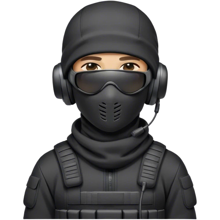 Futuristic special forces soldier wearing a pure white full-face balaclava (not black, not dark), black wraparound sunglasses (only one pair of glasses), and a high-tech military headset with a microphone. The character is dressed in a black hoodie (not a tactical vest or armor). emoji