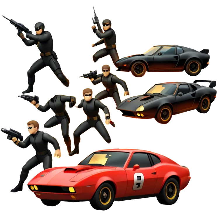 Photorealistic Icon for Action Movies: Close-up Dynamic collage of iconic action movie scenes featuring explosions, fast cars, combat, and weapons. Include silhouettes of famous action heroes, dramatic lighting, and a sense of high-octane energy. Transparent background. emoji