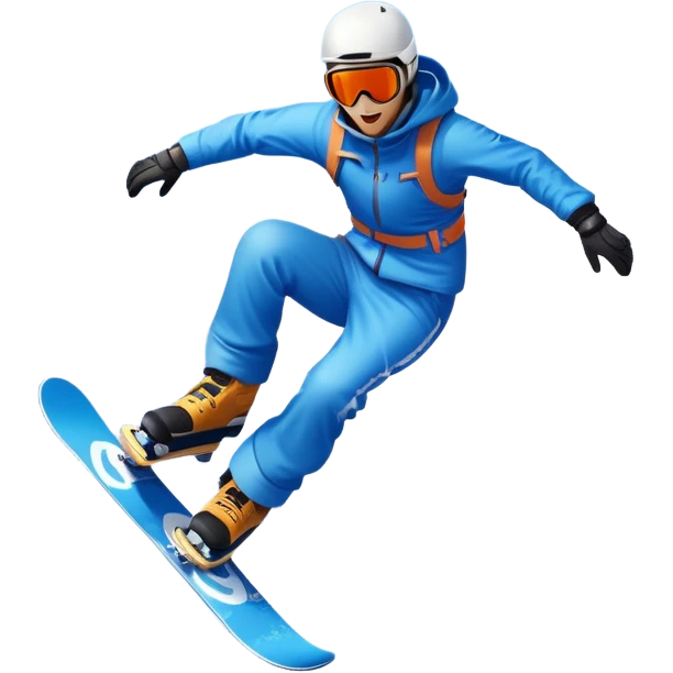 An icon showing a snowboarder performing an exciting jump on a snow-covered slope. The background features towering mountains, snow-covered trees, and a bright, clear sky. Transparent background highlights the speed, agility, and thrill of snowboarding. emoji