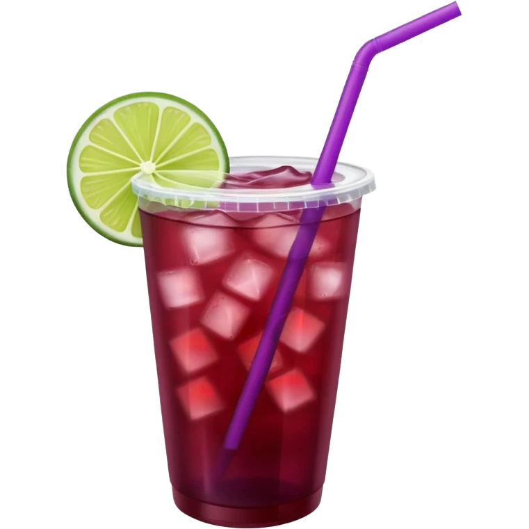 maroon purple cocktail with a lime wedge in the drink in a plastic cup with lid and straw

 emoji