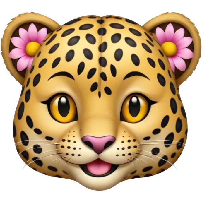 A leopard with big smile. A pink flower with a yellow center is tucked behind its right ear
 emoji
