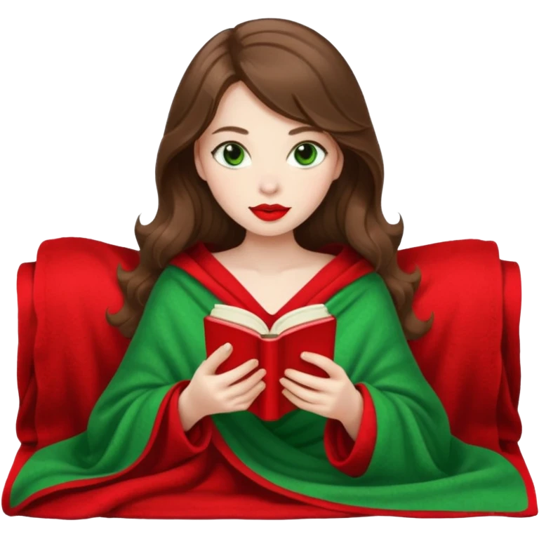 Long wavy brown haired, white skinned, green eyed girl with red lipstick wrapped in a blanket, sipping tea and reading a book emoji
