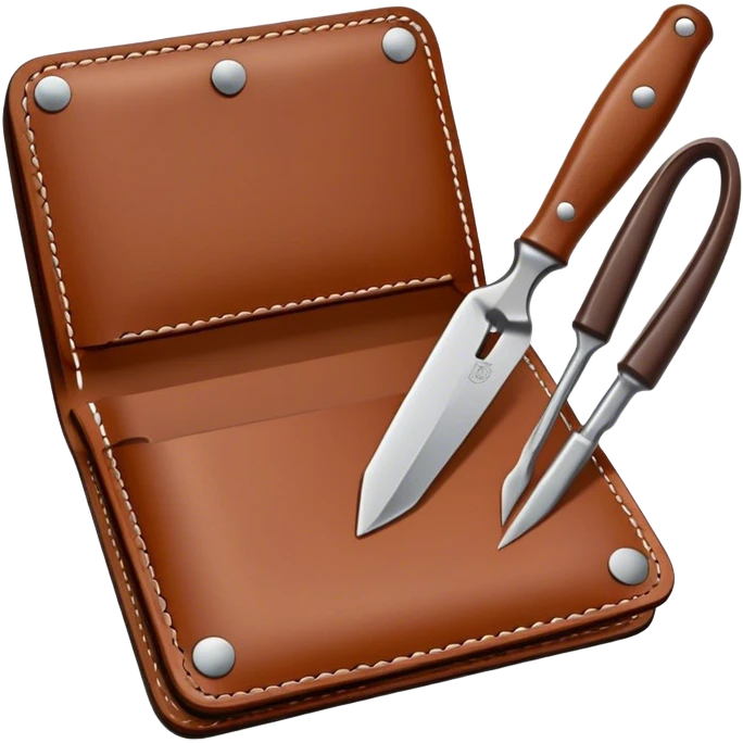 Leatherworking icon, piece of raw leather being crafted into a leather wallet or belt with engraving, professional tools like leather stitching awl, edge beveler, hammer, prying tool, minimalistic style, clean lines, transparent background. emoji