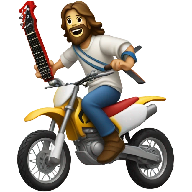 Jesus doing a jump on a dirt bike with an electric guitar in his hands emoji