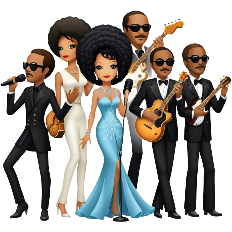 Icon for R&B Music: collage of legendary R&B artists—Diana Ross, Stevie Wonder, Marvin Gaye, Janet Jackson, Billy Ocean, and Whitney Houston. Represented by silhouettes or symbolic items like a microphone, guitar, or music notes. Transparent background. emoji