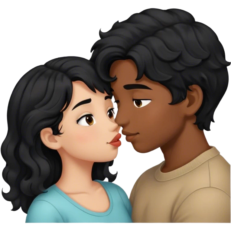 Girl with black hair kissing boy with black wavy hair emoji