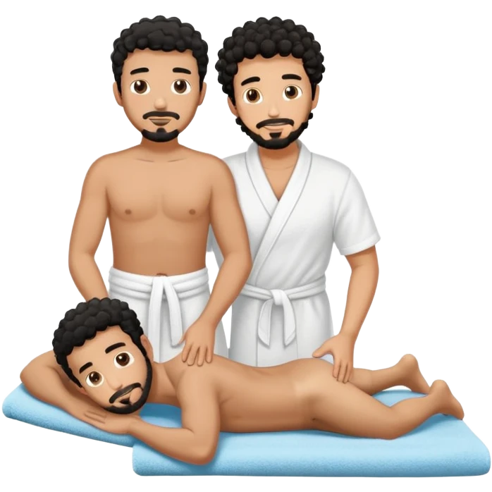 Gebräunter Manm nur mit handtuch um den unterkörper (araber mit schwarzen locken und ziegenbart) bekommt ganzkörpermassage von einem anderen mann emoji